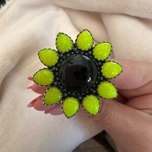 Sterling silver 925 Sunflower Adjustable Black and Neon Yellow Flower Ring
